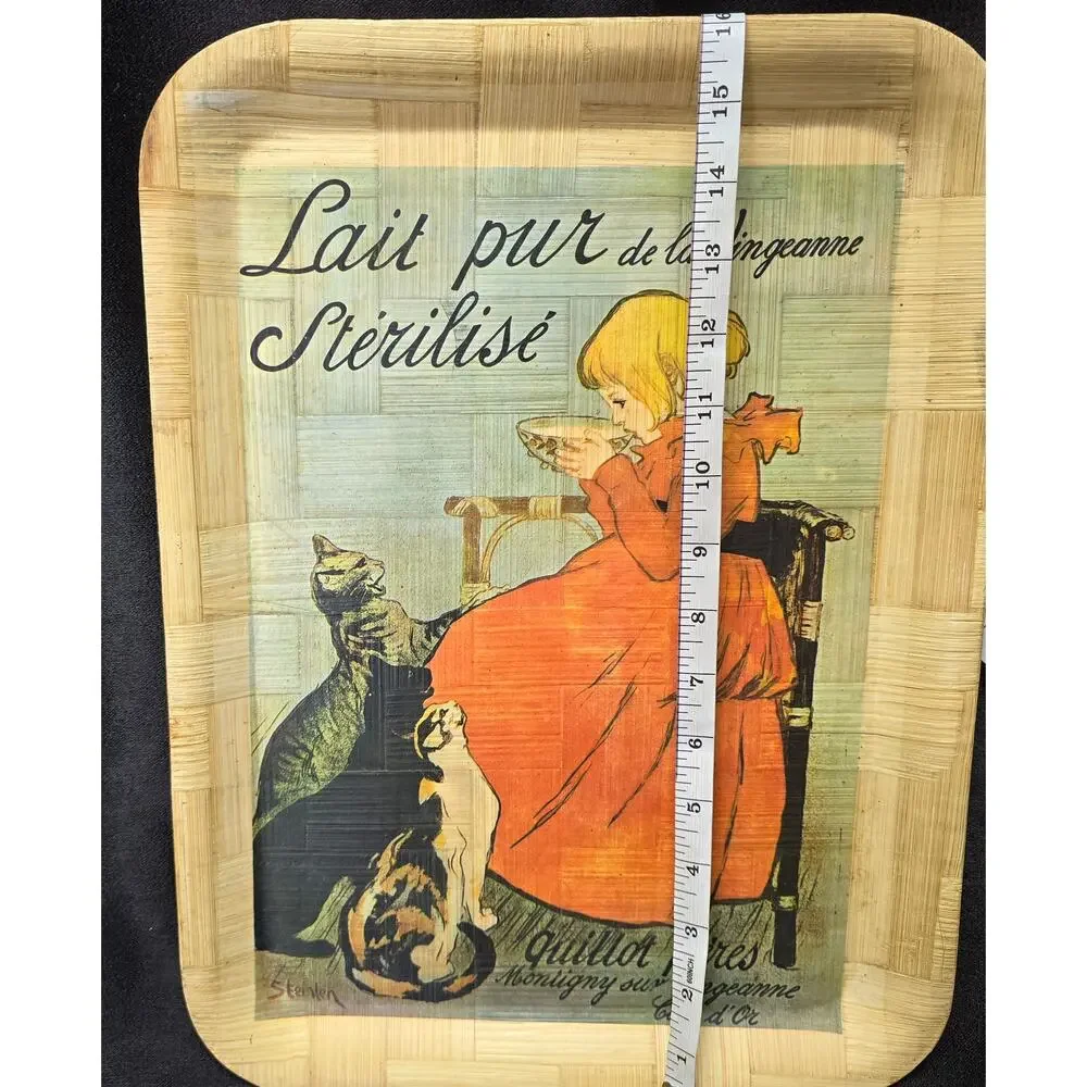 Lait Pur Sterilise De La Binganne Girl Drinking Milk & Cats Bamboo Wood Tray